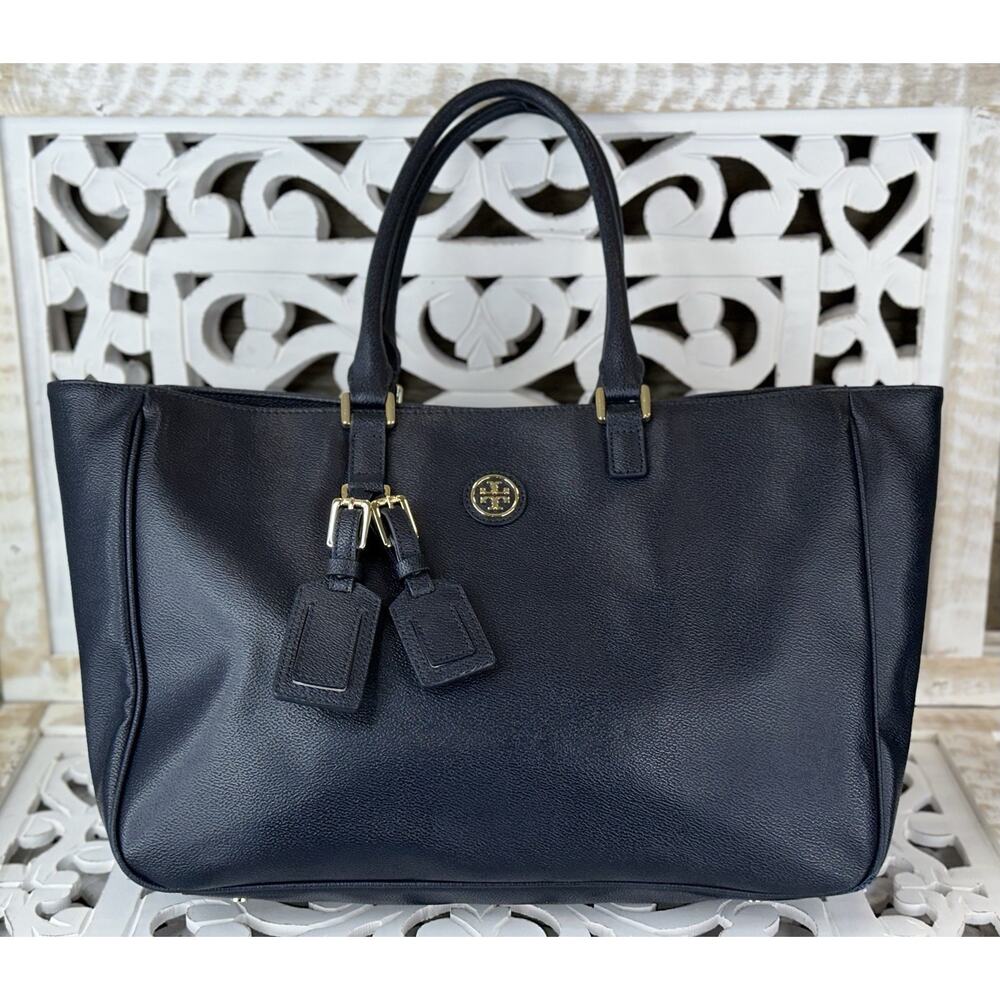 Tory Burch ROSLYN Large NAVY BLUE Leather Work Travel Tote Handbag Shoulder Bag